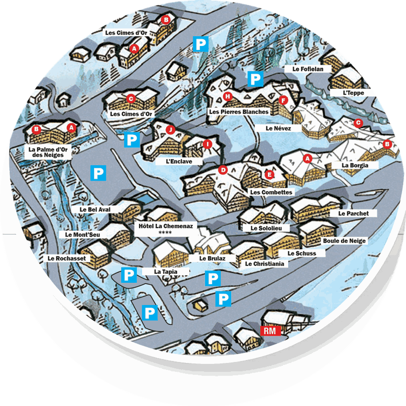 Plan du Hameau du Lay aux Contamines-Montjoie : résidences, télécabine de Montjoie, parkings et commerces du quartier